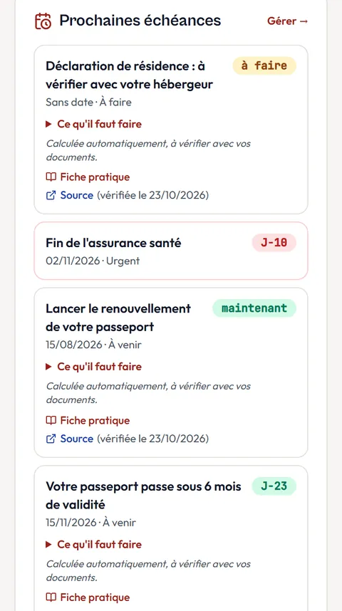 Capture de l'appli Vietnam en poche : la liste des prochaines échéances, avec la déclaration de résidence, le renouvellement du passeport et le passeport qui passe sous 6 mois de validité