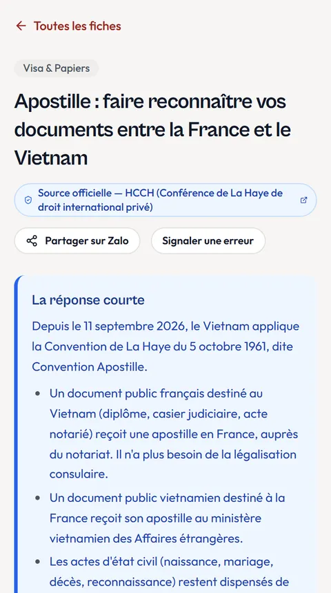 Capture de l'appli Vietnam en poche : la fiche pratique sur l'apostille entre la France et le Vietnam, avec sa source officielle