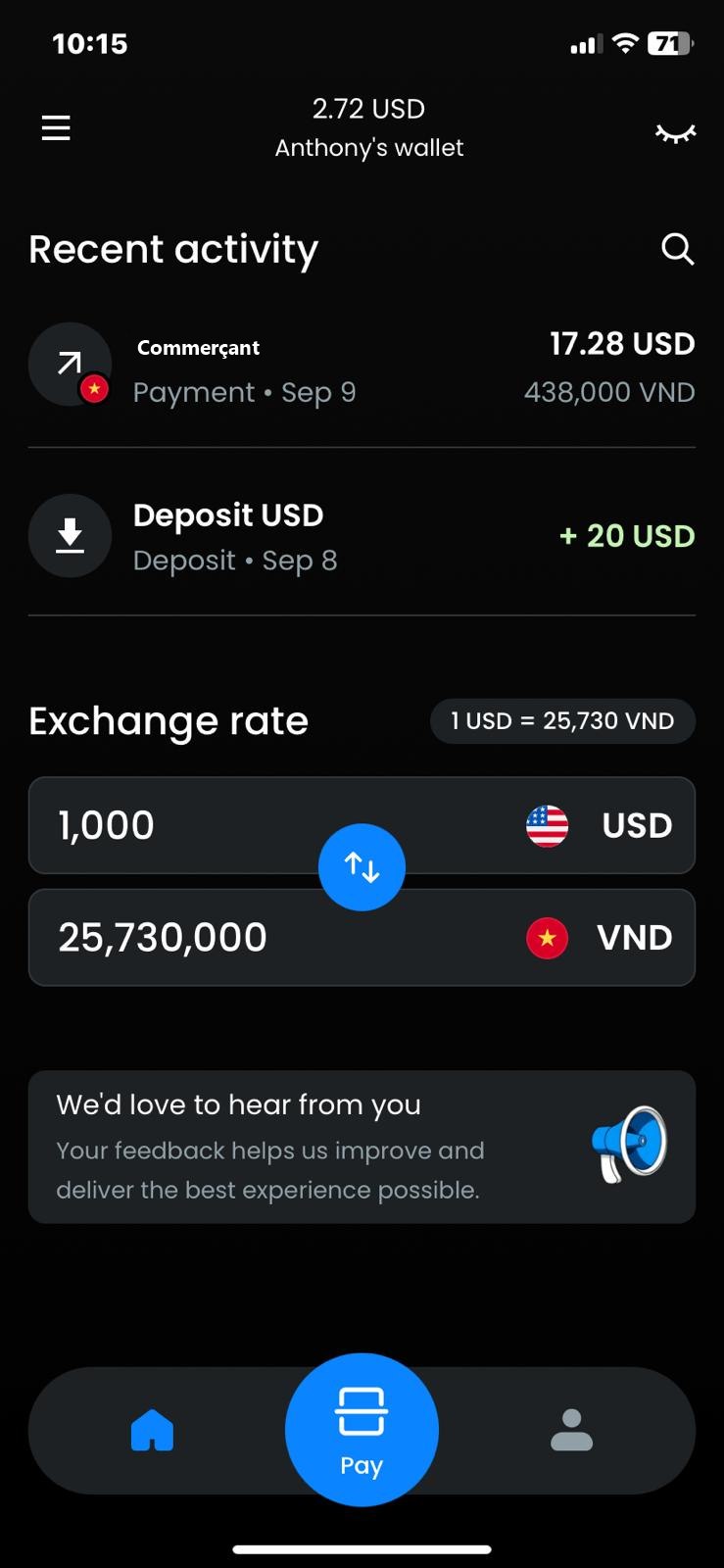 Historique Moreta Pay : paiement de 438 000 VND pour 17,28 USD et taux de change USD/VND